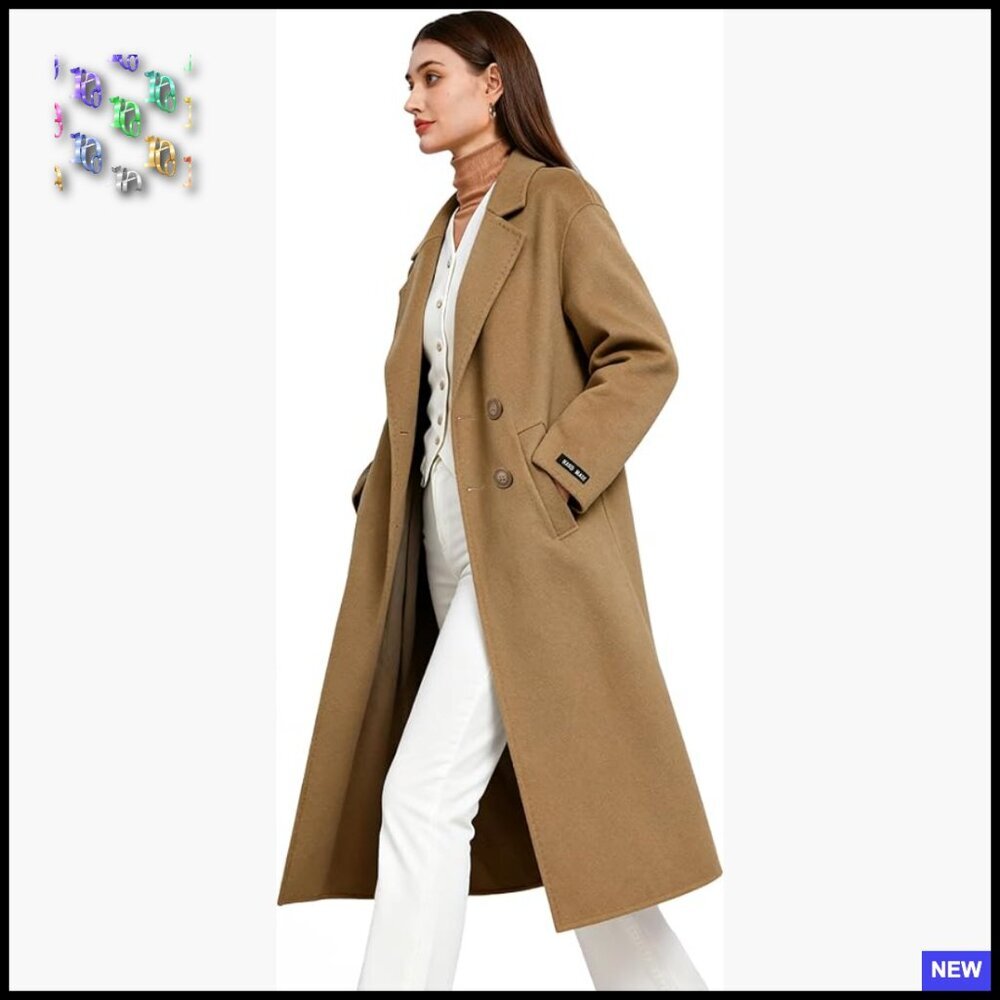 Long Wool Pea Coat Double Breasted Trench Jacket Lightweight Elegant Classic